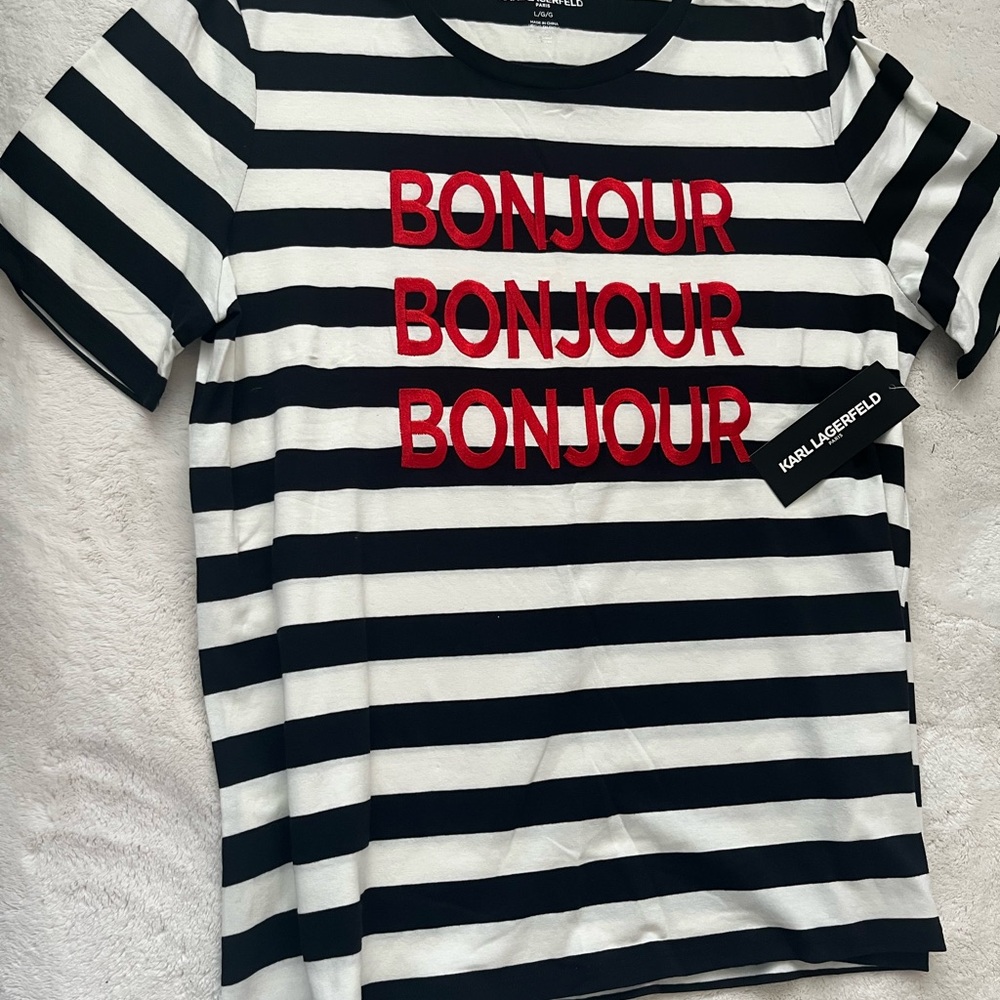 New Karl Lagerfeld Black and White Striped Tee with Red Bonjour - Picture 3 of 7